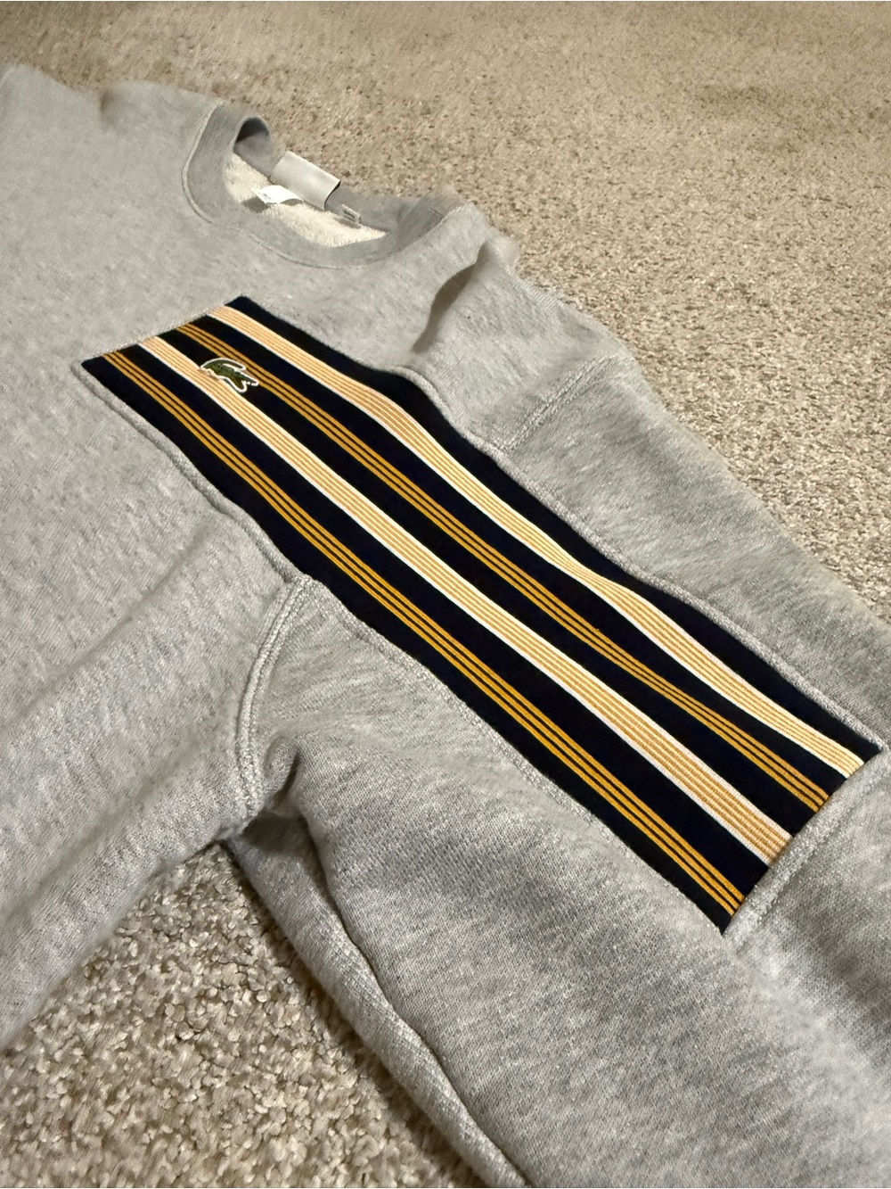Lacoste Grey Crewneck Sweatshirt with Navy, Gold & Cream Stripe Panel